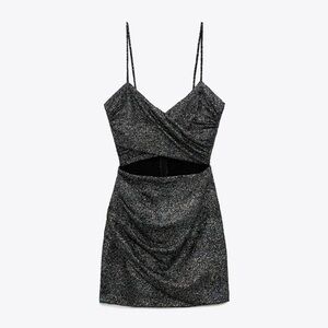 Zara Sparkling Iridescent Glitter Club Cut Out Black Mini Dress